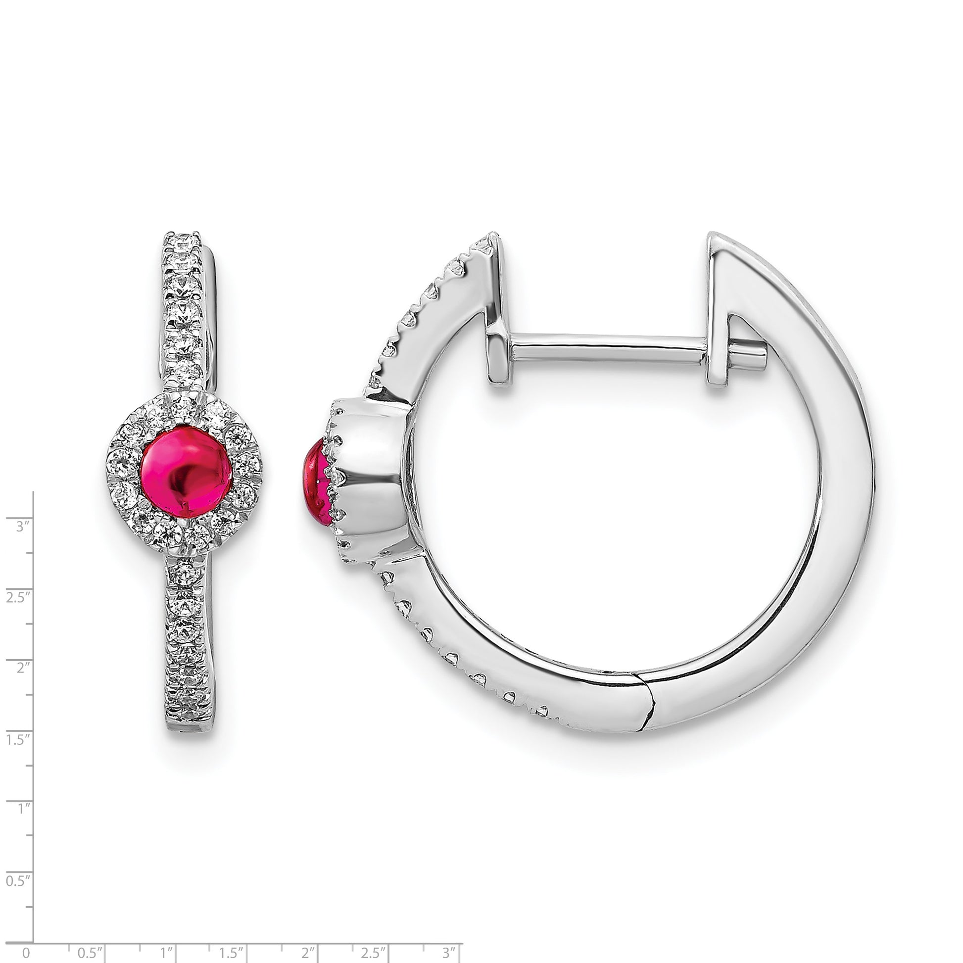 14k White Gold 2.7mm Round Ruby Cabochon and Diamond Hinged Hoop Earrings