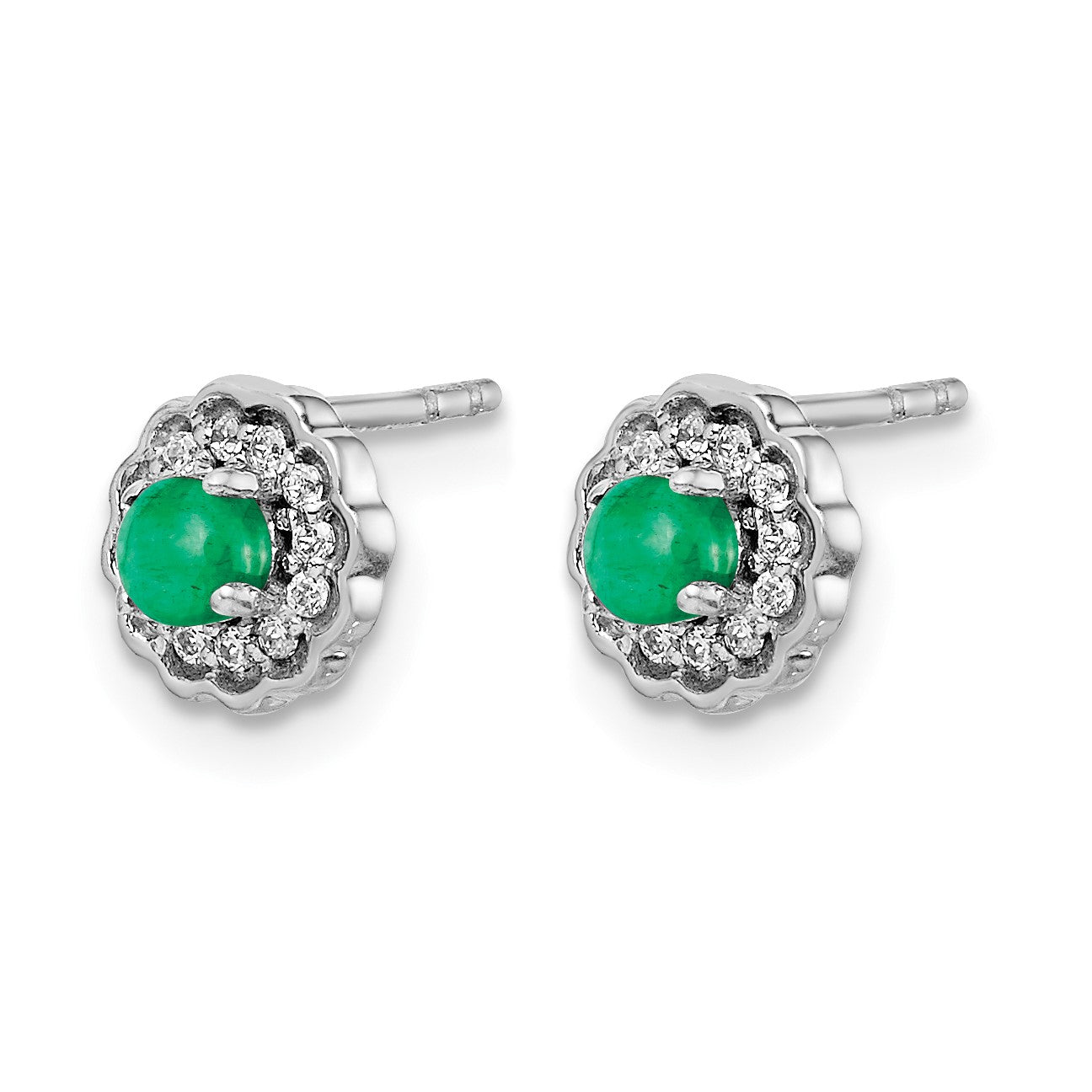 14k White Gold 3mm Round Emerald Cabochon and Diamond Halo Post Earrings