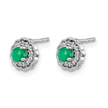 14k White Gold 3mm Round Emerald Cabochon and Diamond Halo Post Earrings