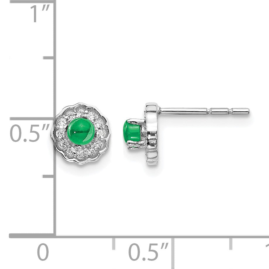 14k White Gold 3mm Round Emerald Cabochon and Diamond Halo Post Earrings