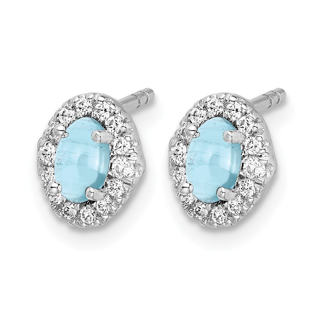 14k White Gold 5x3mm Oval Aquamarine Cabochon and Diamond Halo Post Earrings