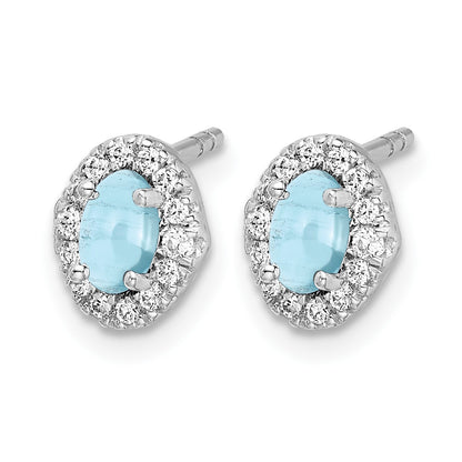 14k White Gold 5x3mm Oval Aquamarine Cabochon and Diamond Halo Post Earrings