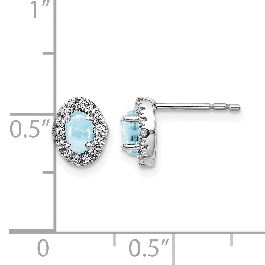 14k White Gold 5x3mm Oval Aquamarine Cabochon and Diamond Halo Post Earrings