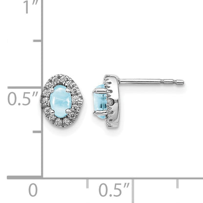 14k White Gold 5x3mm Oval Aquamarine Cabochon and Diamond Halo Post Earrings