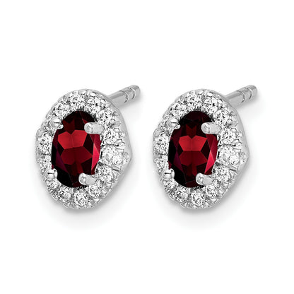 14k White Gold 5x3 Oval Garnet Cabochon and .16 carat Diamond Halo Post Earrings