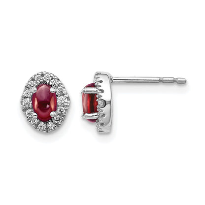 14k White Gold 5x3 Oval Garnet Cabochon and .16 carat Diamond Halo Post Earrings