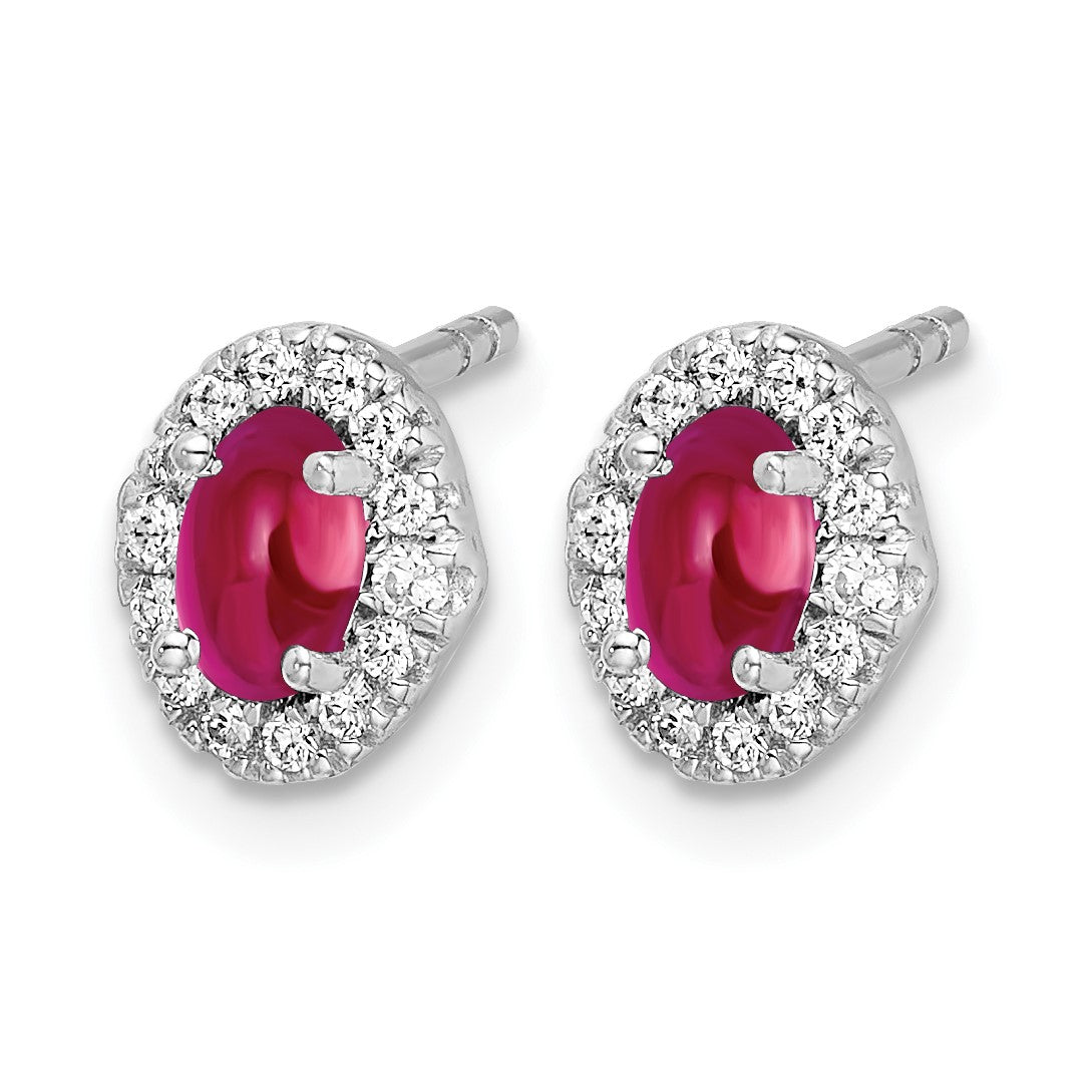 14k White Gold 5x3mm Oval Ruby Cabochon and Diamond Halo Post Earrings