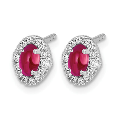 14k White Gold 5x3mm Oval Ruby Cabochon and Diamond Halo Post Earrings