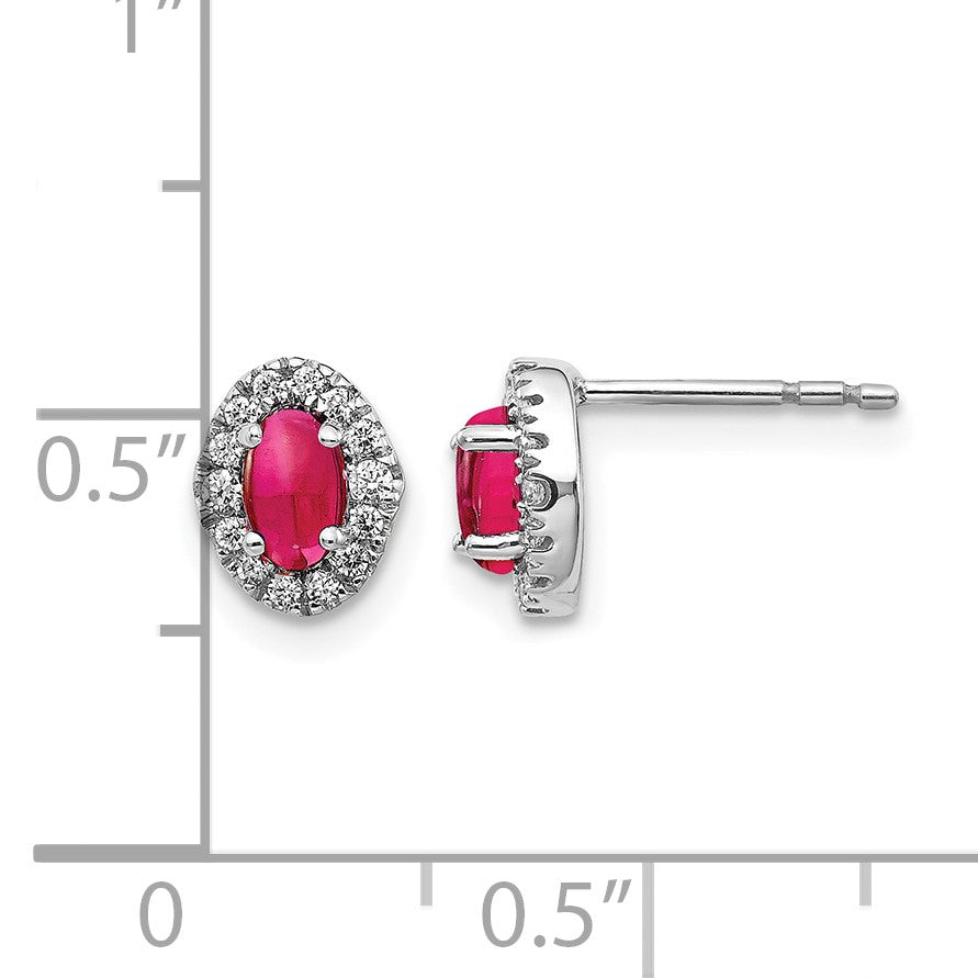 14k White Gold 5x3mm Oval Ruby Cabochon and Diamond Halo Post Earrings
