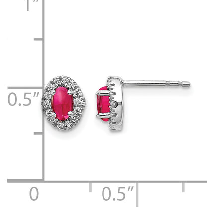 14k White Gold 5x3mm Oval Ruby Cabochon and Diamond Halo Post Earrings