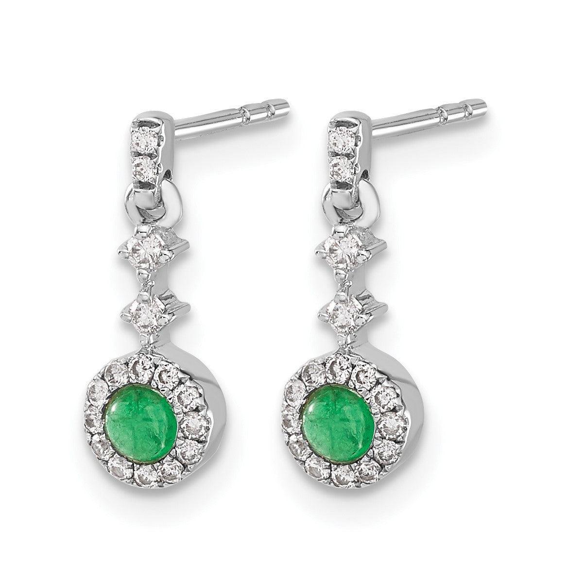 14k White Gold 3mm Round Emerald Cabochon and Diamond Halo Dangle Post Earrings