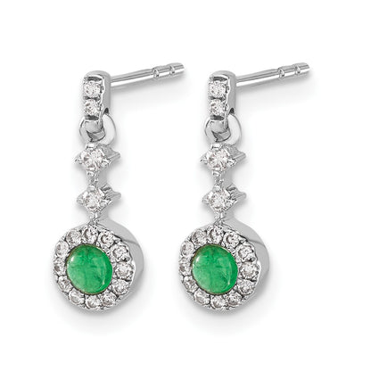 14k White Gold 3mm Round Emerald Cabochon and Diamond Halo Dangle Post Earrings