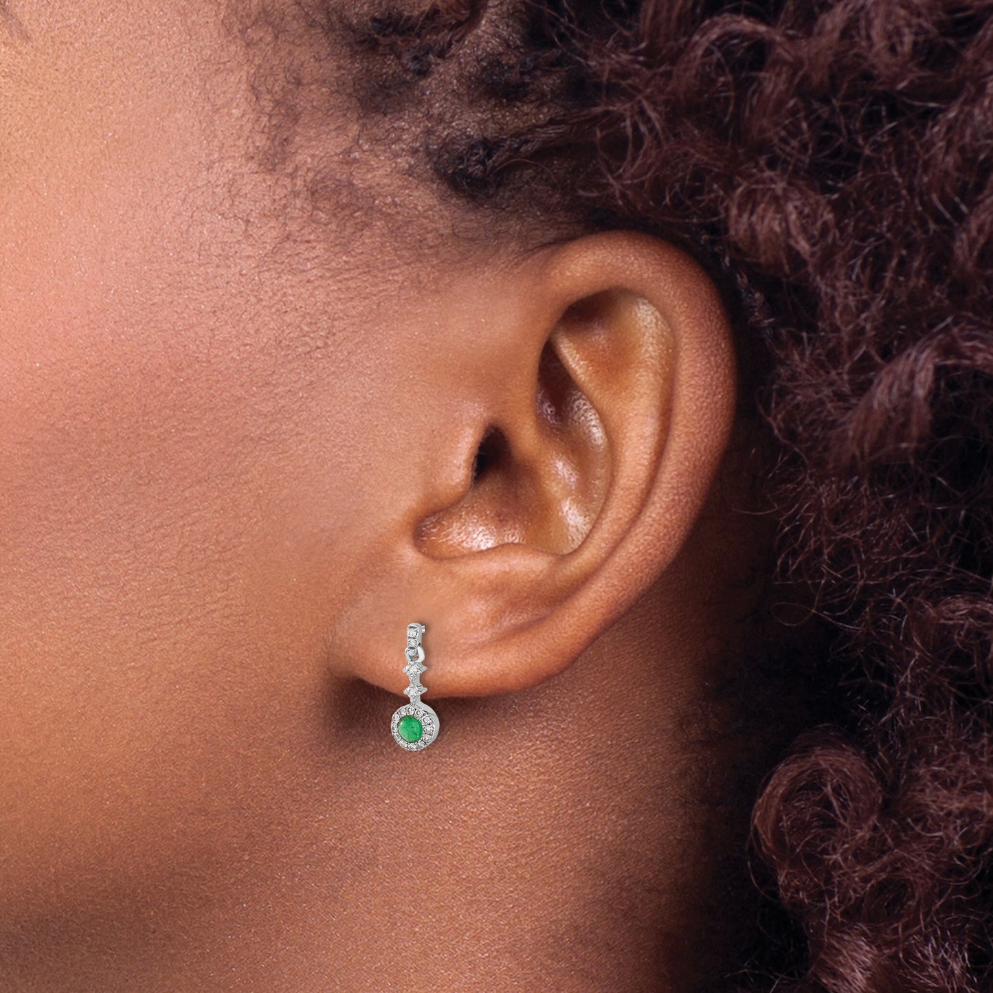 14k White Gold 3mm Round Emerald Cabochon and Diamond Halo Dangle Post Earrings