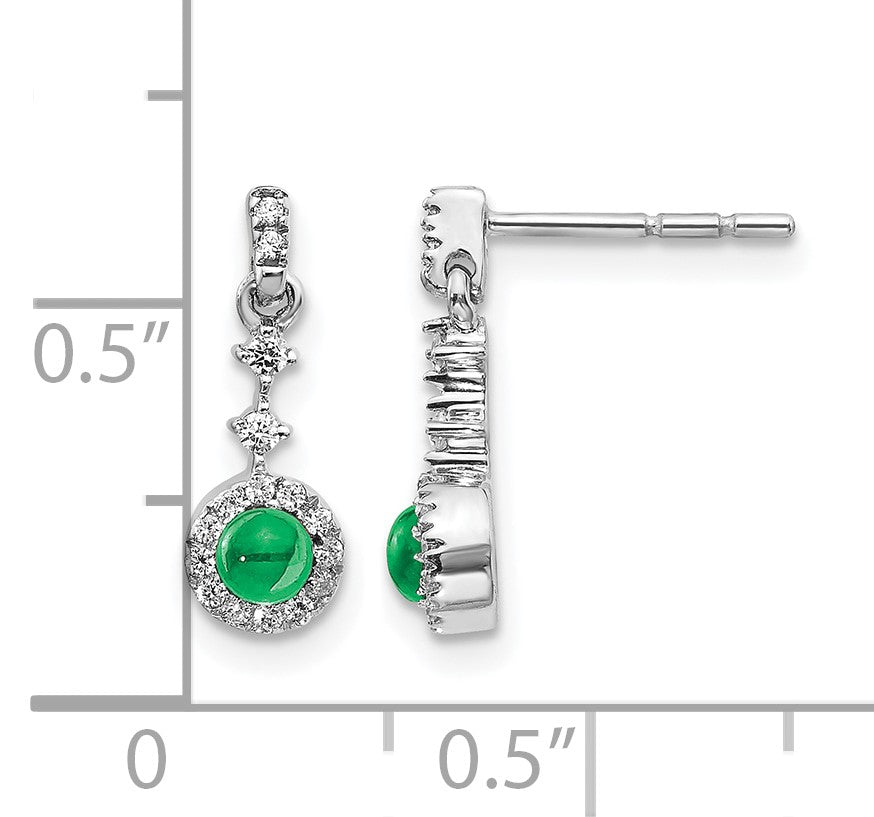 14k White Gold 3mm Round Emerald Cabochon and Diamond Halo Dangle Post Earrings