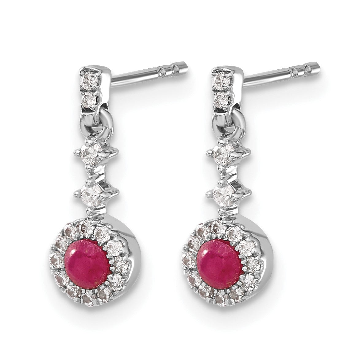 14k White Gold 3mm Round Ruby Cabochon and Diamond Halo Dangle Post Earrings