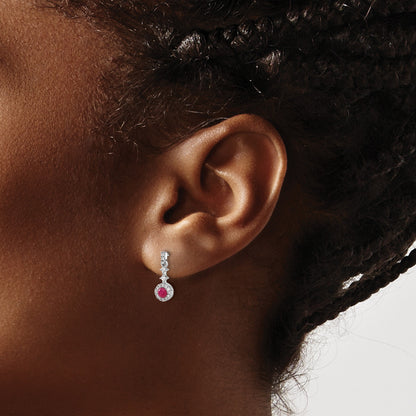 14k White Gold 3mm Round Ruby Cabochon and Diamond Halo Dangle Post Earrings
