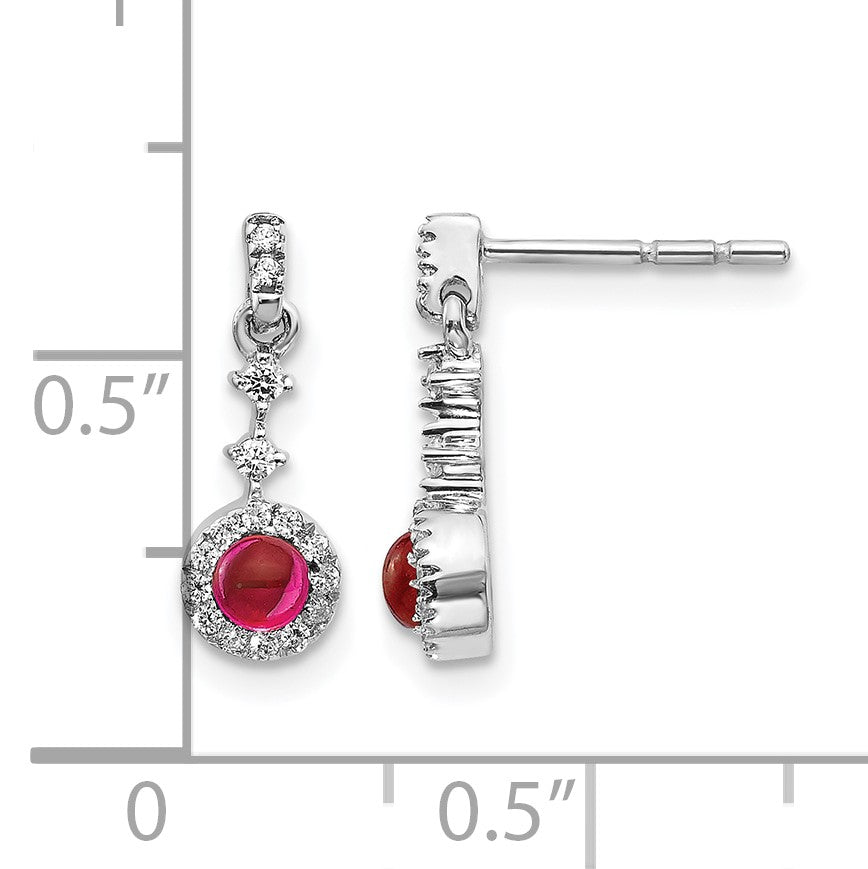 14k White Gold 3mm Round Ruby Cabochon and Diamond Halo Dangle Post Earrings