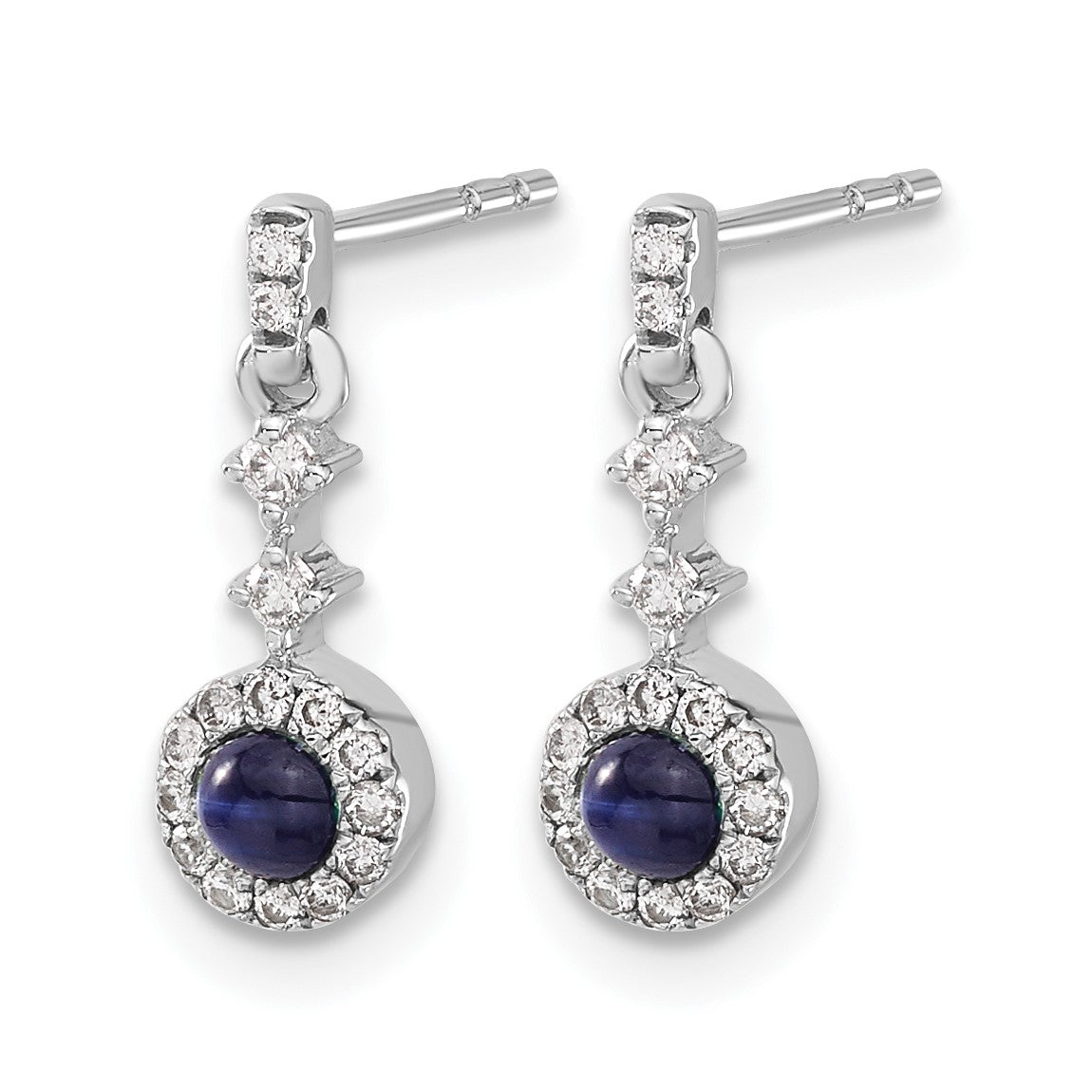 14k White Gold 3mm Round Sapphire Cabochon and Diamond Halo Dangle Post Earrings