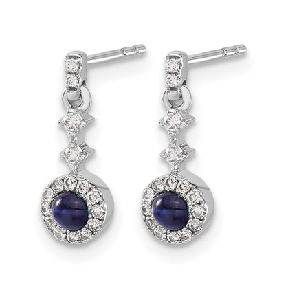 14k White Gold 3mm Round Sapphire Cabochon and Diamond Halo Dangle Post Earrings