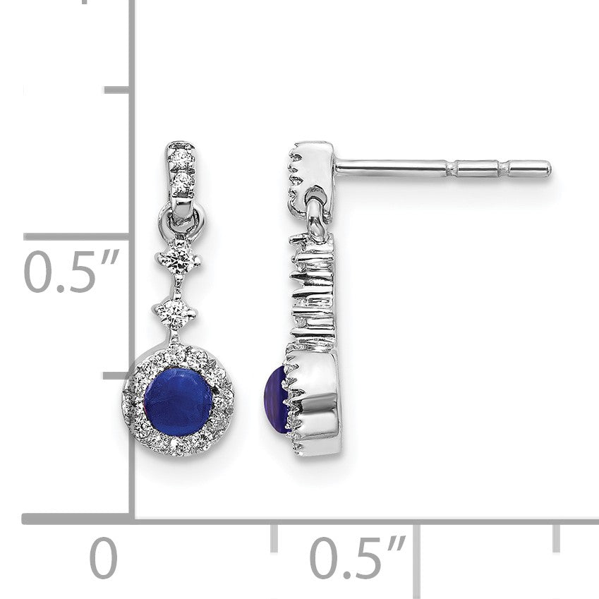 14k White Gold 3mm Round Sapphire Cabochon and Diamond Halo Dangle Post Earrings