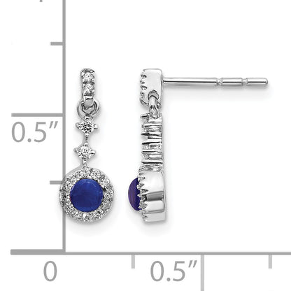 14k White Gold 3mm Round Sapphire Cabochon and Diamond Halo Dangle Post Earrings