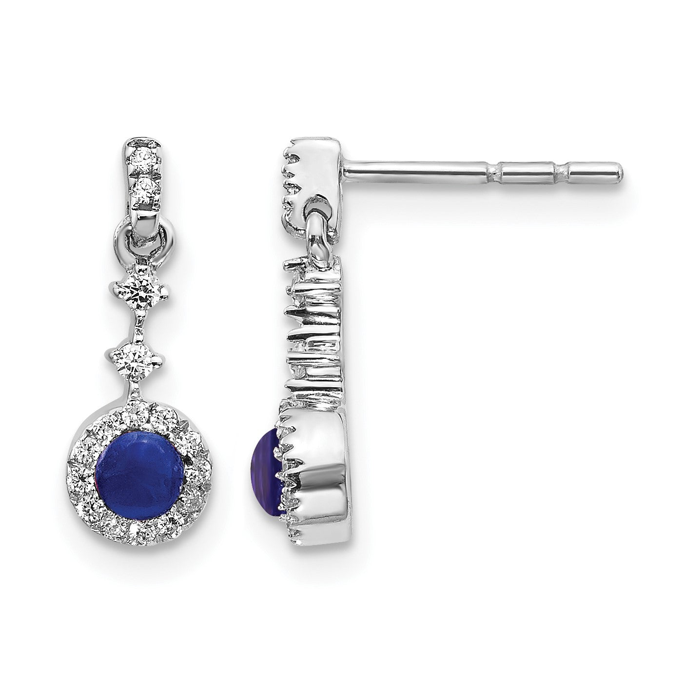 14k White Gold 3mm Round Sapphire Cabochon and Diamond Halo Dangle Post Earrings