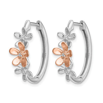 14k Rose and White Gold 1/20 carat Diamond Flowers Hinged Hoop Earrings