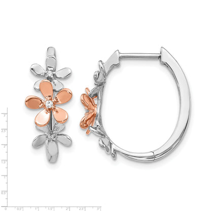14k Rose and White Gold 1/20 carat Diamond Flowers Hinged Hoop Earrings