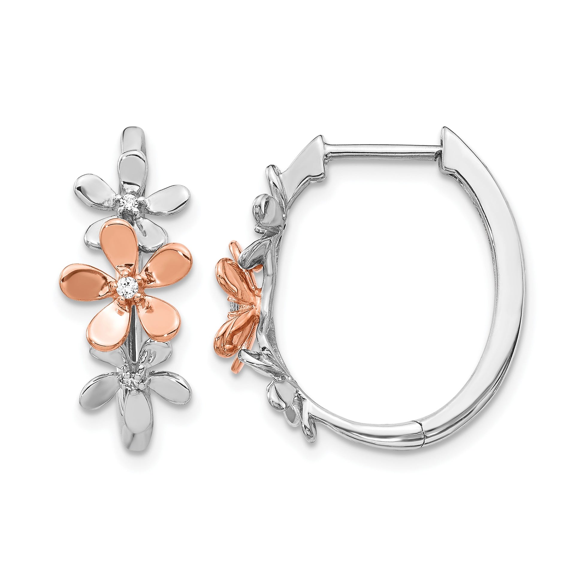 14k Rose and White Gold 1/20 carat Diamond Flowers Hinged Hoop Earrings