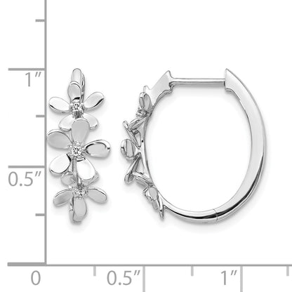 14k White Gold 1/20 carat Diamond Flowers Hinged Hoop Earrings