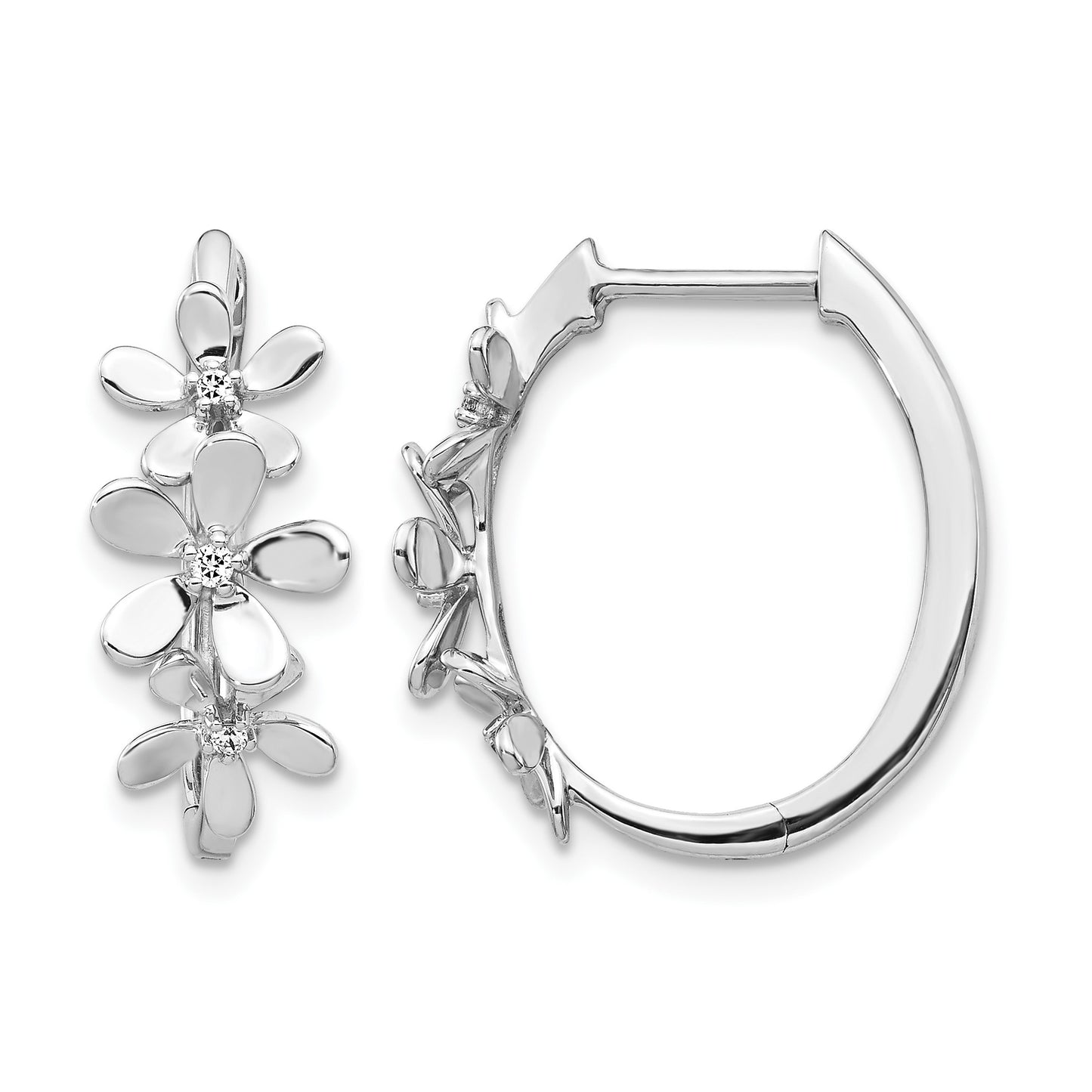 14k White Gold 1/20 carat Diamond Flowers Hinged Hoop Earrings
