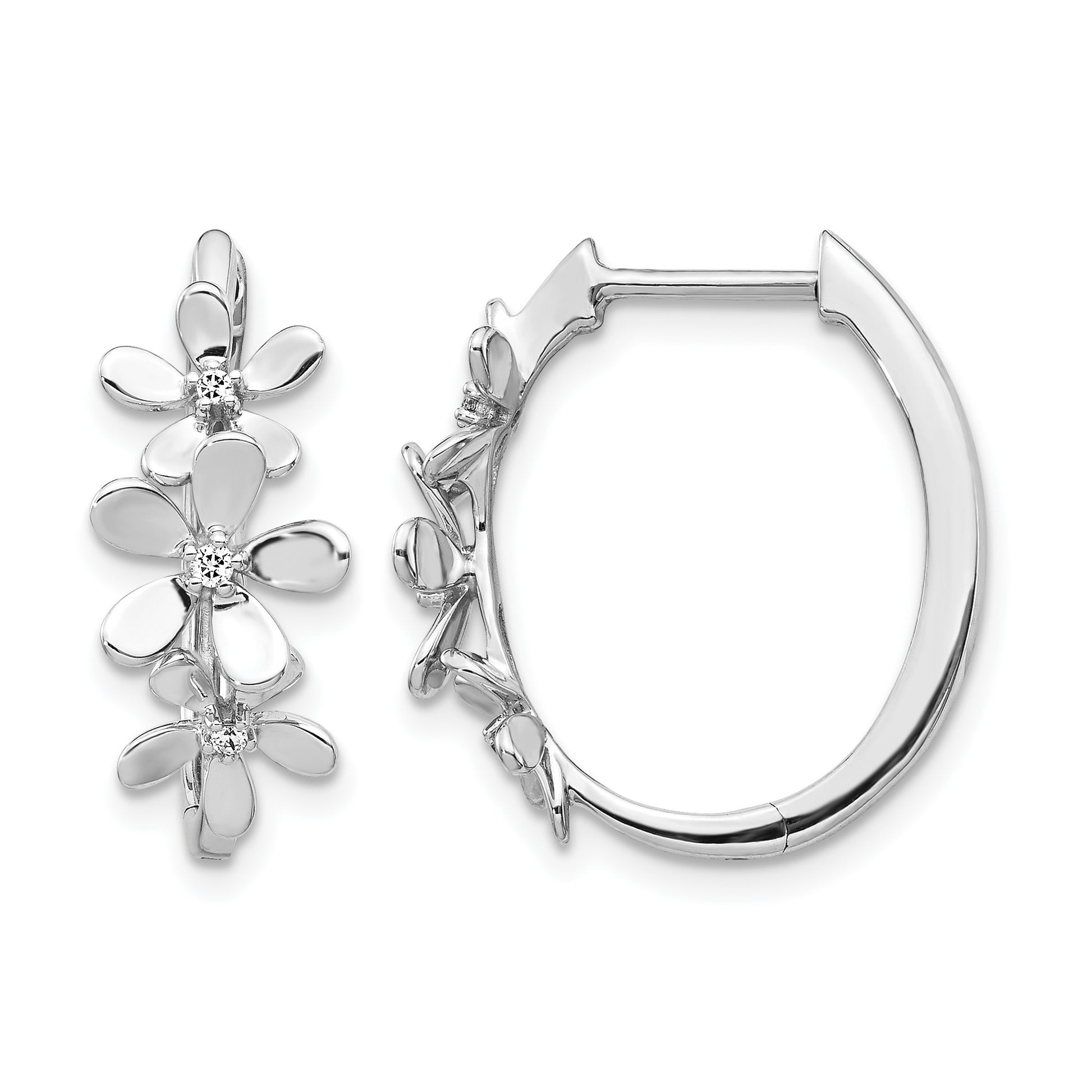 14k White Gold 1/20 carat Diamond Flowers Hinged Hoop Earrings