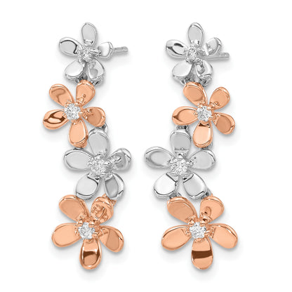 14k Rose and White Gold 1/5 carat Diamond Flowers Dangle Post Earrings