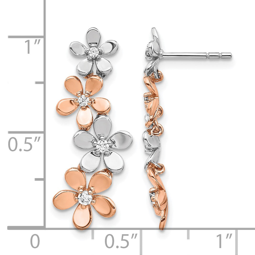 14k Rose and White Gold 1/5 carat Diamond Flowers Dangle Post Earrings