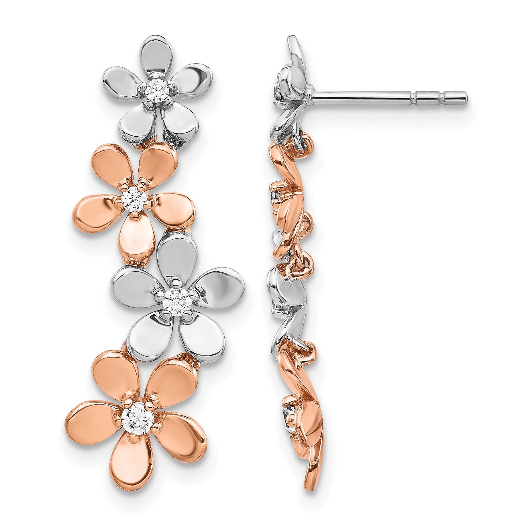14k Rose and White Gold 1/5 carat Diamond Flowers Dangle Post Earrings