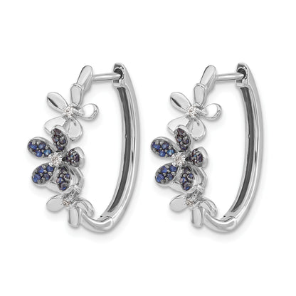 14k White Gold Diamond and Sapphire Floral Oval Hinged Hoop Earrings