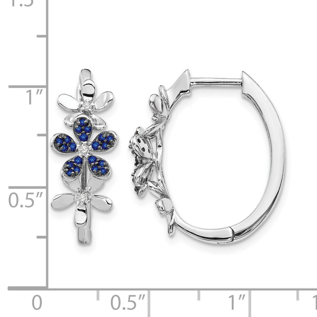 14k White Gold Diamond and Sapphire Floral Oval Hinged Hoop Earrings