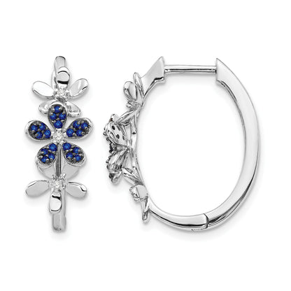14k White Gold Diamond and Sapphire Floral Oval Hinged Hoop Earrings