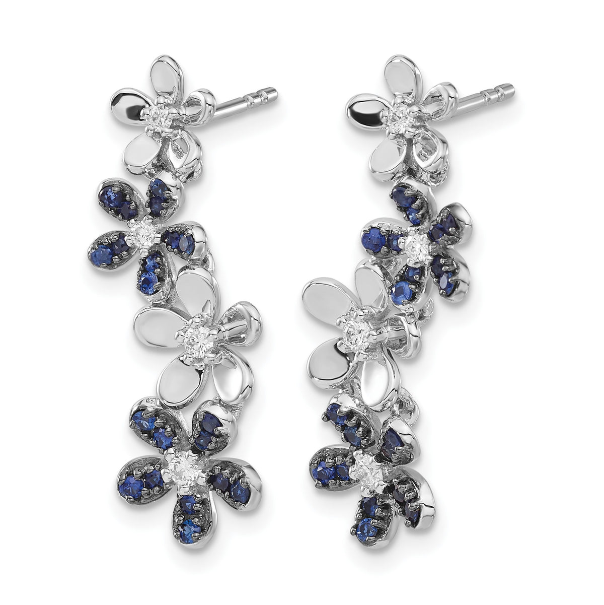 14k White Gold Diamond and Sapphire Floral Dangle Post Earrings