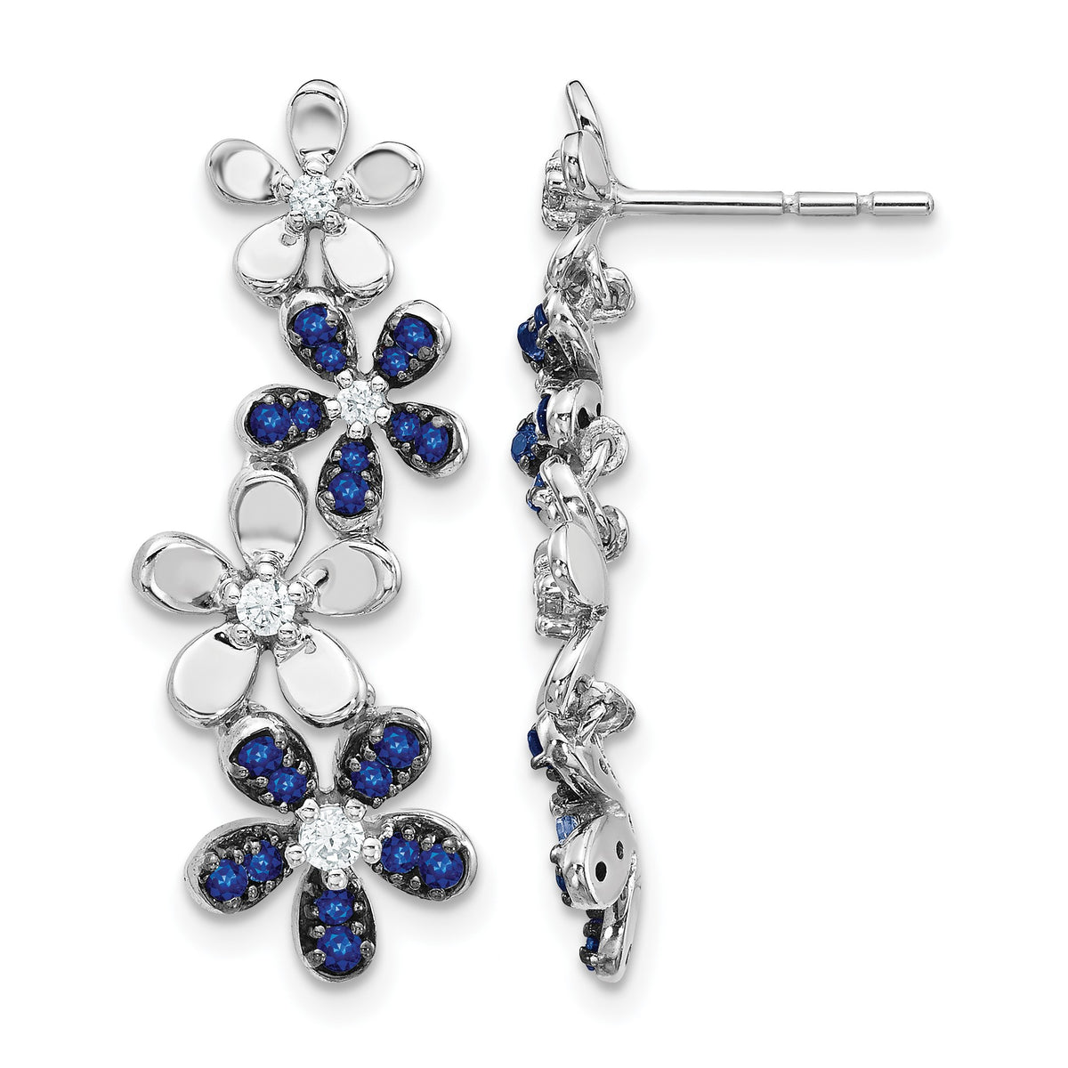 14k White Gold Diamond and Sapphire Floral Dangle Post Earrings