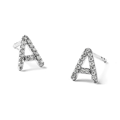 14k White Gold Diamond Initial A Post Earrings