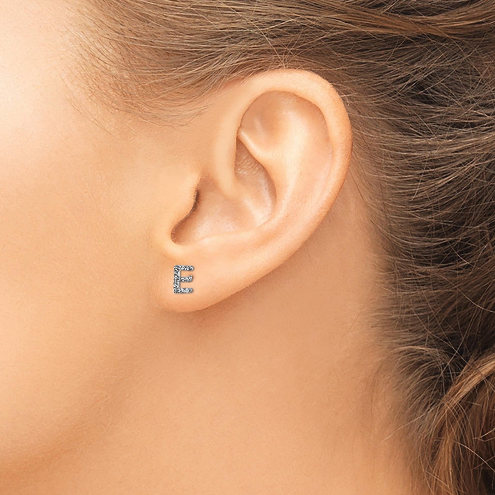 14k White Gold Diamond Initial E Post Earrings