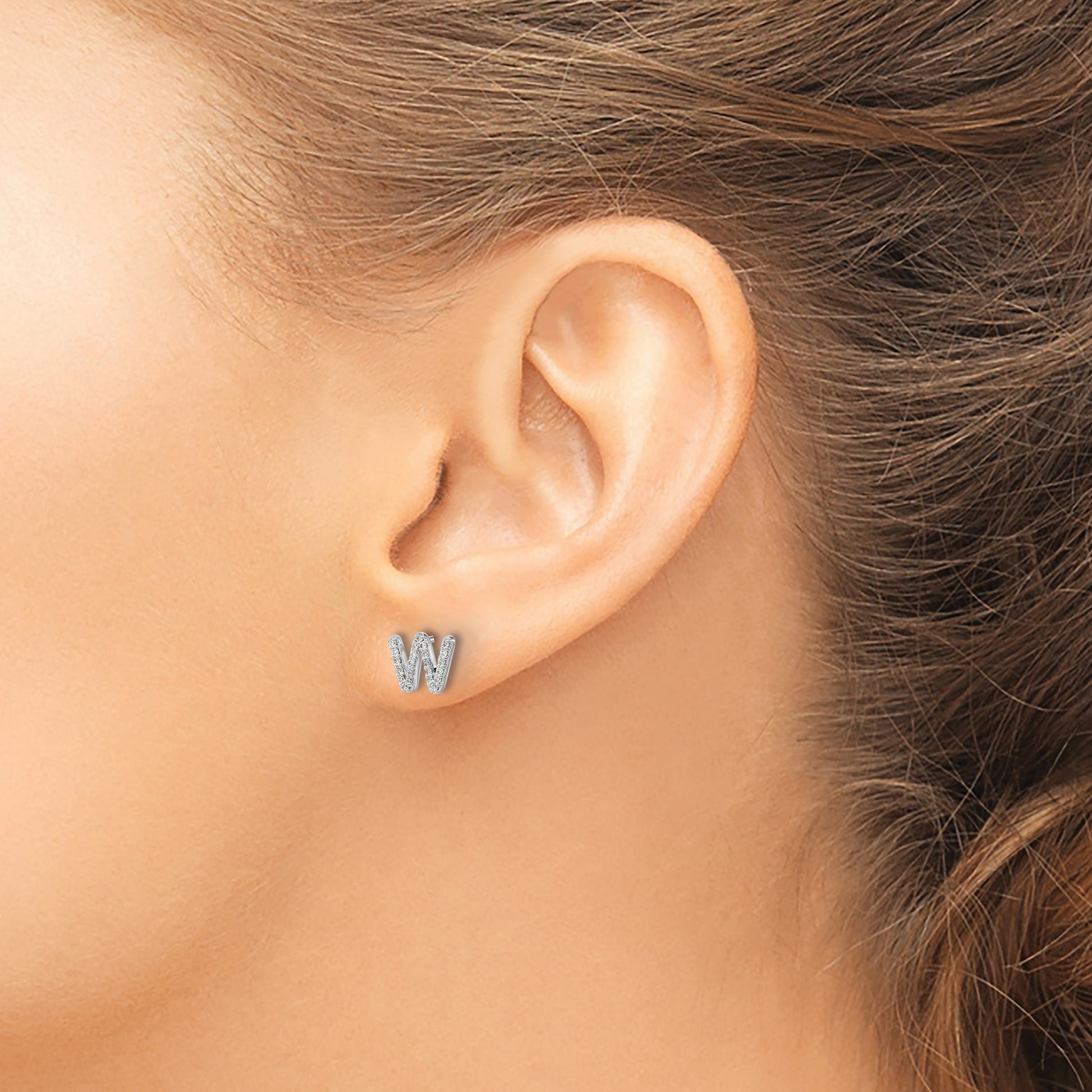 14k White Gold Diamond Initial W Post Earrings