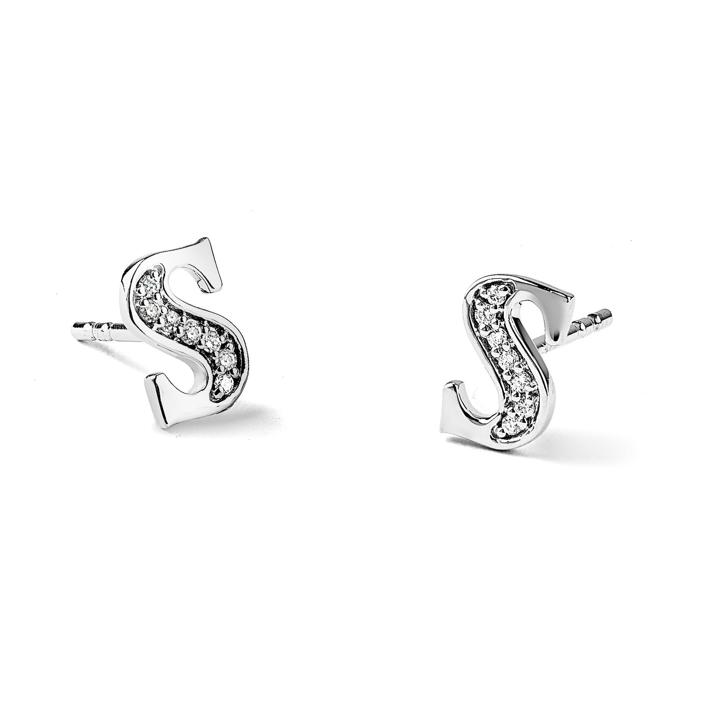 14k White Gold Diamond Initial S Post Earrings