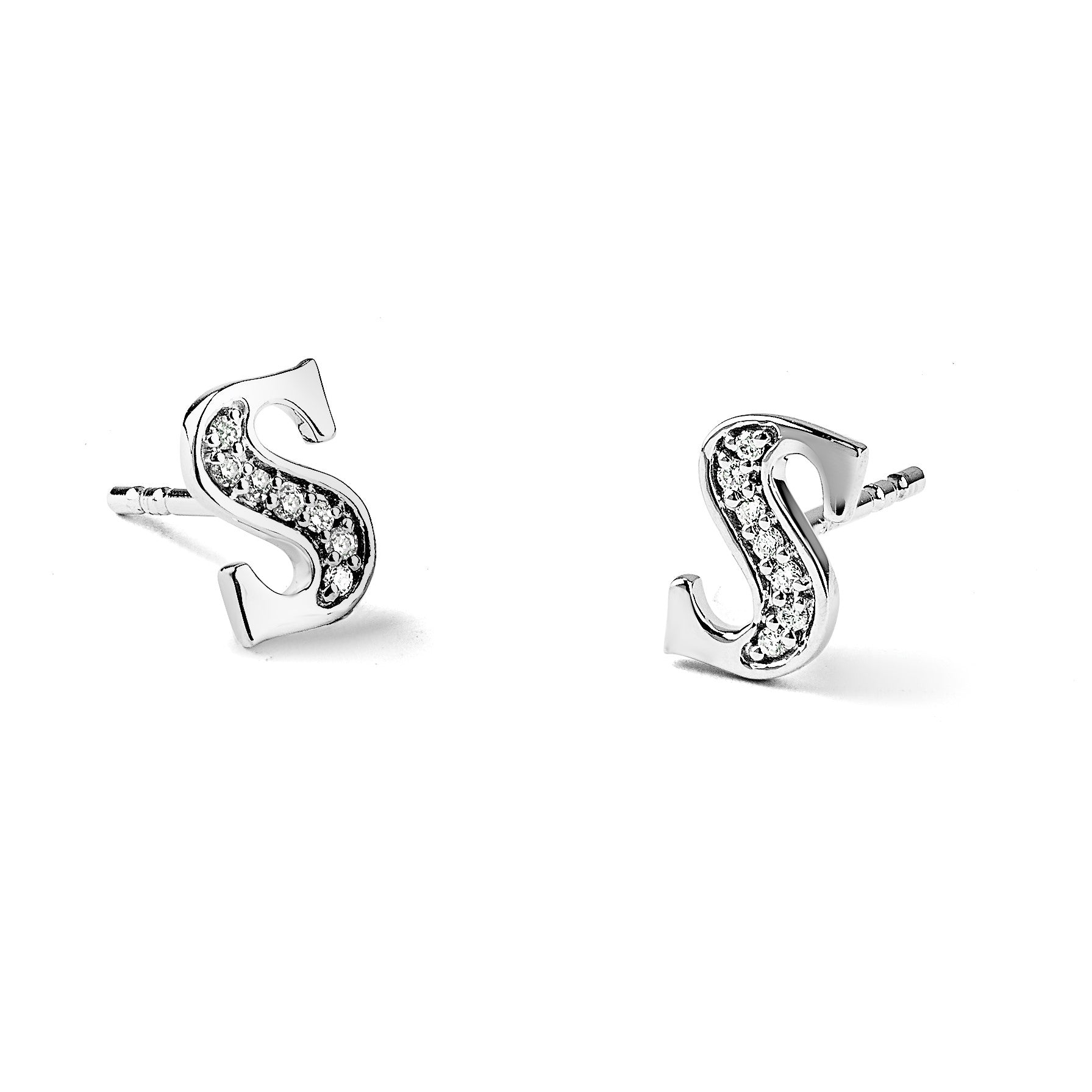 14k White Gold Diamond Initial S Post Earrings