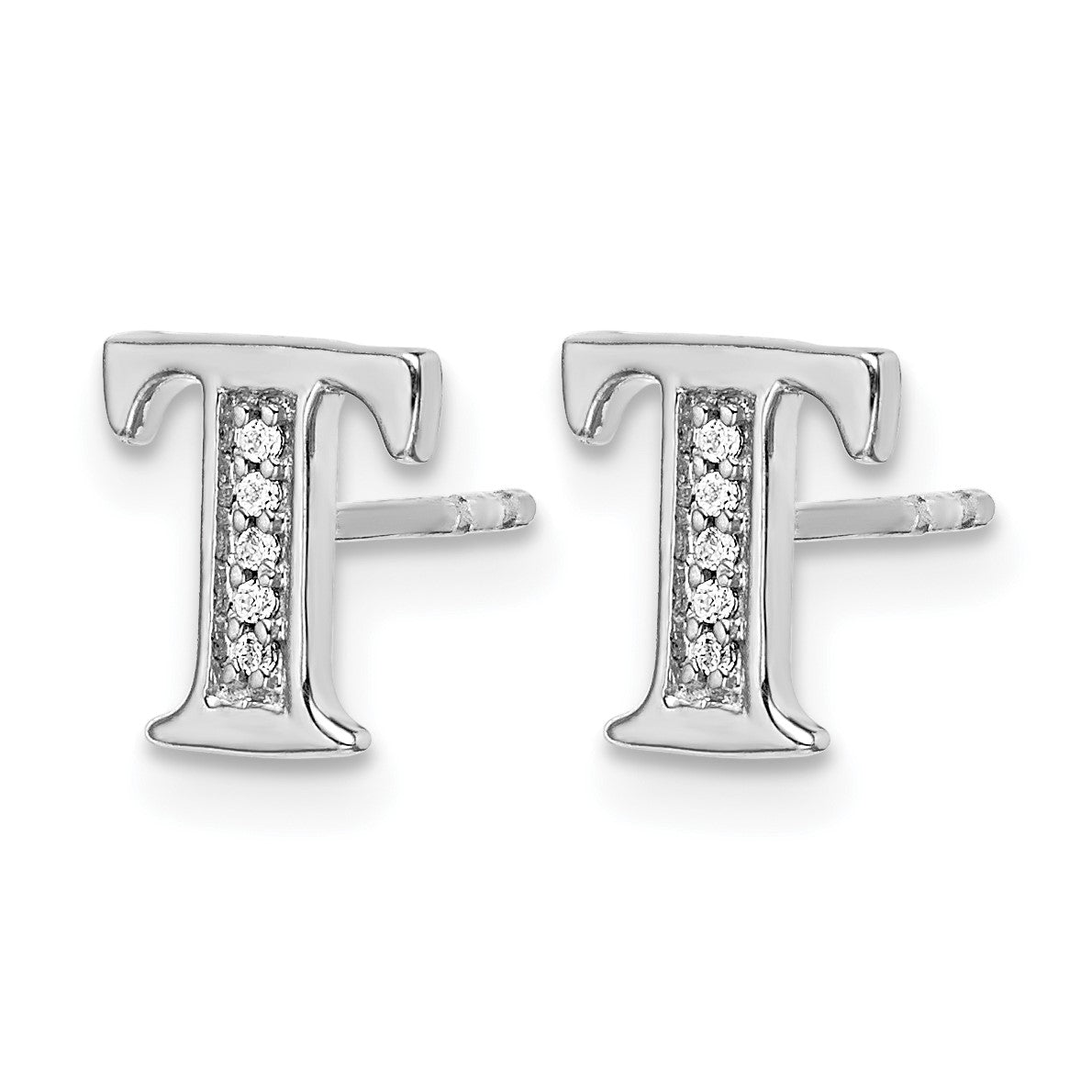 14k White Gold Diamond Initial T Post Earrings