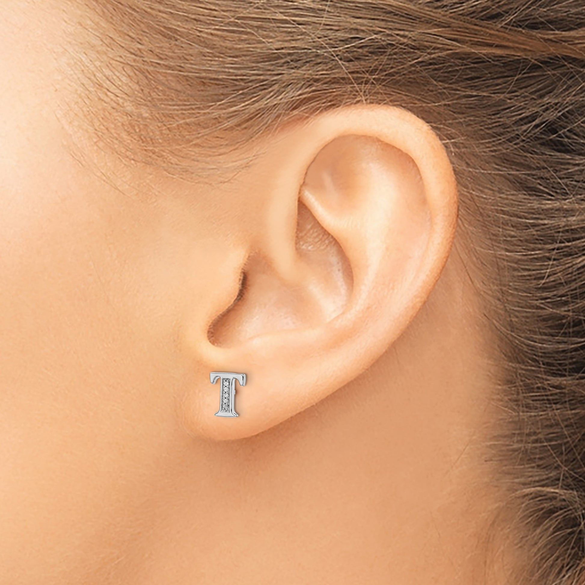 14k White Gold Diamond Initial T Post Earrings