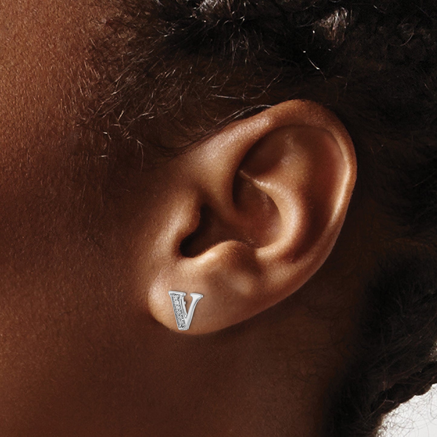 14k White Gold Diamond Initial V Post Earrings
