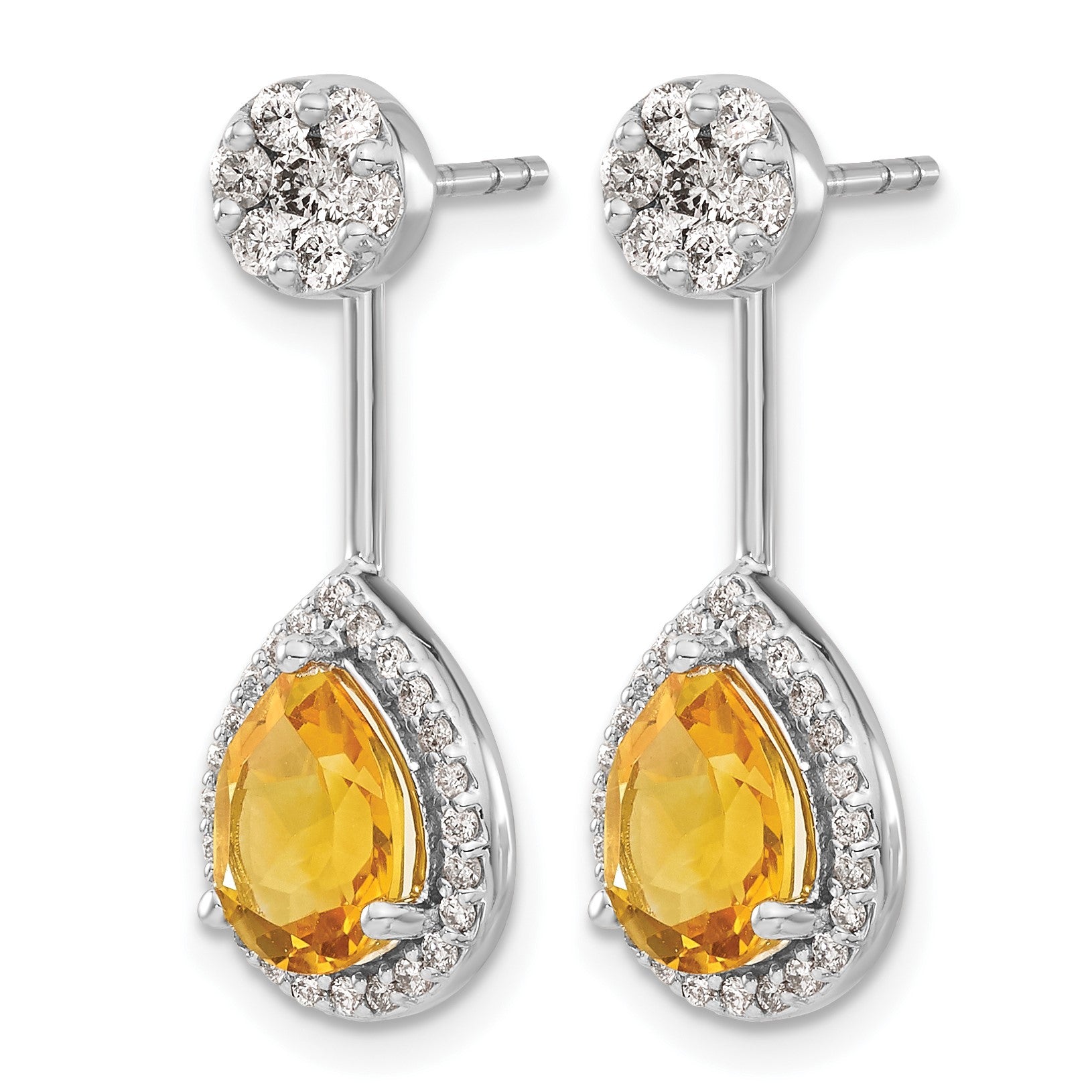 14k White Gold 5/8 carat Diamond and 8x6mm Pear Citrine Front/Back Post Earrings