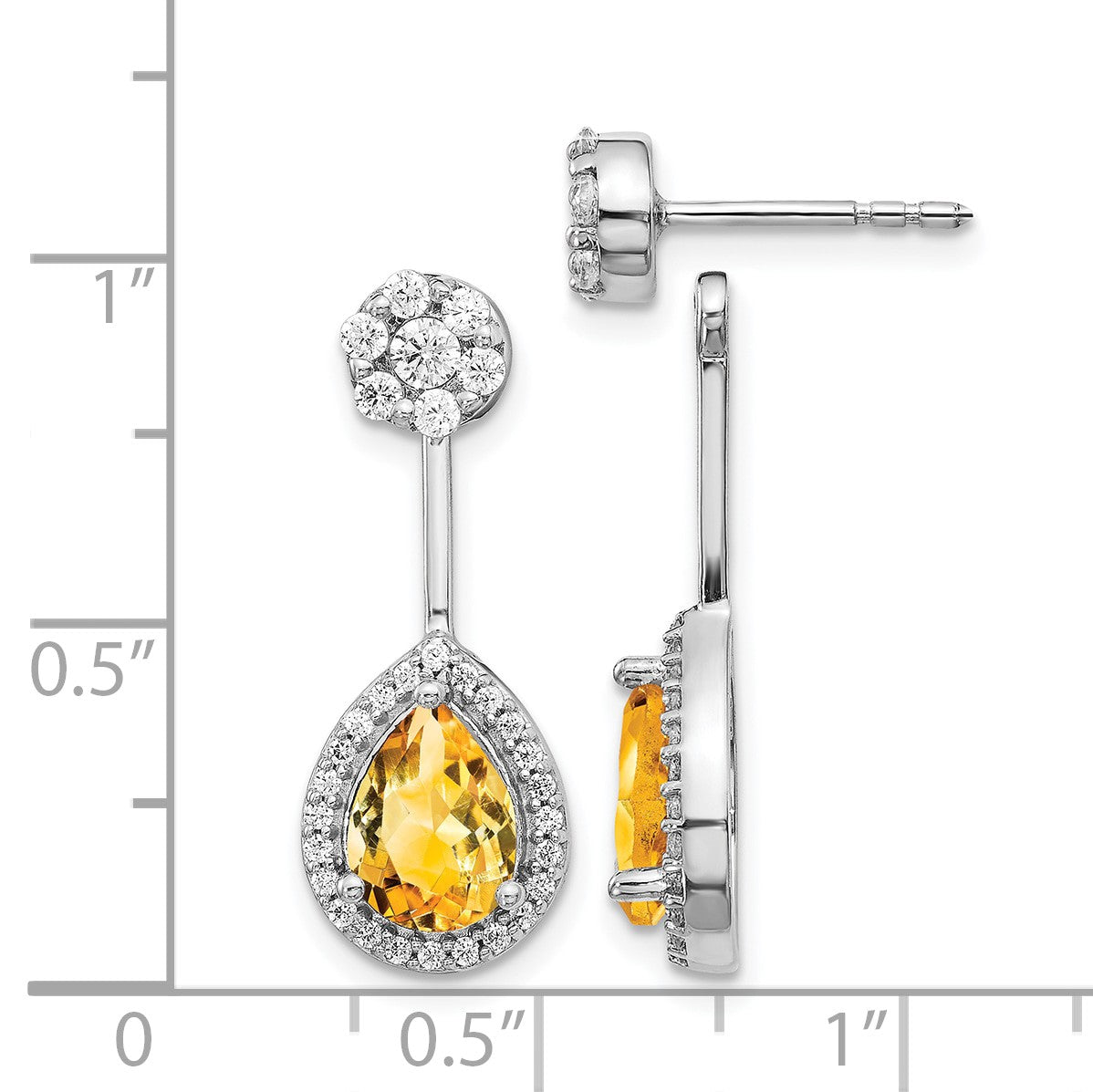14k White Gold 5/8 carat Diamond and 8x6mm Pear Citrine Front/Back Post Earrings